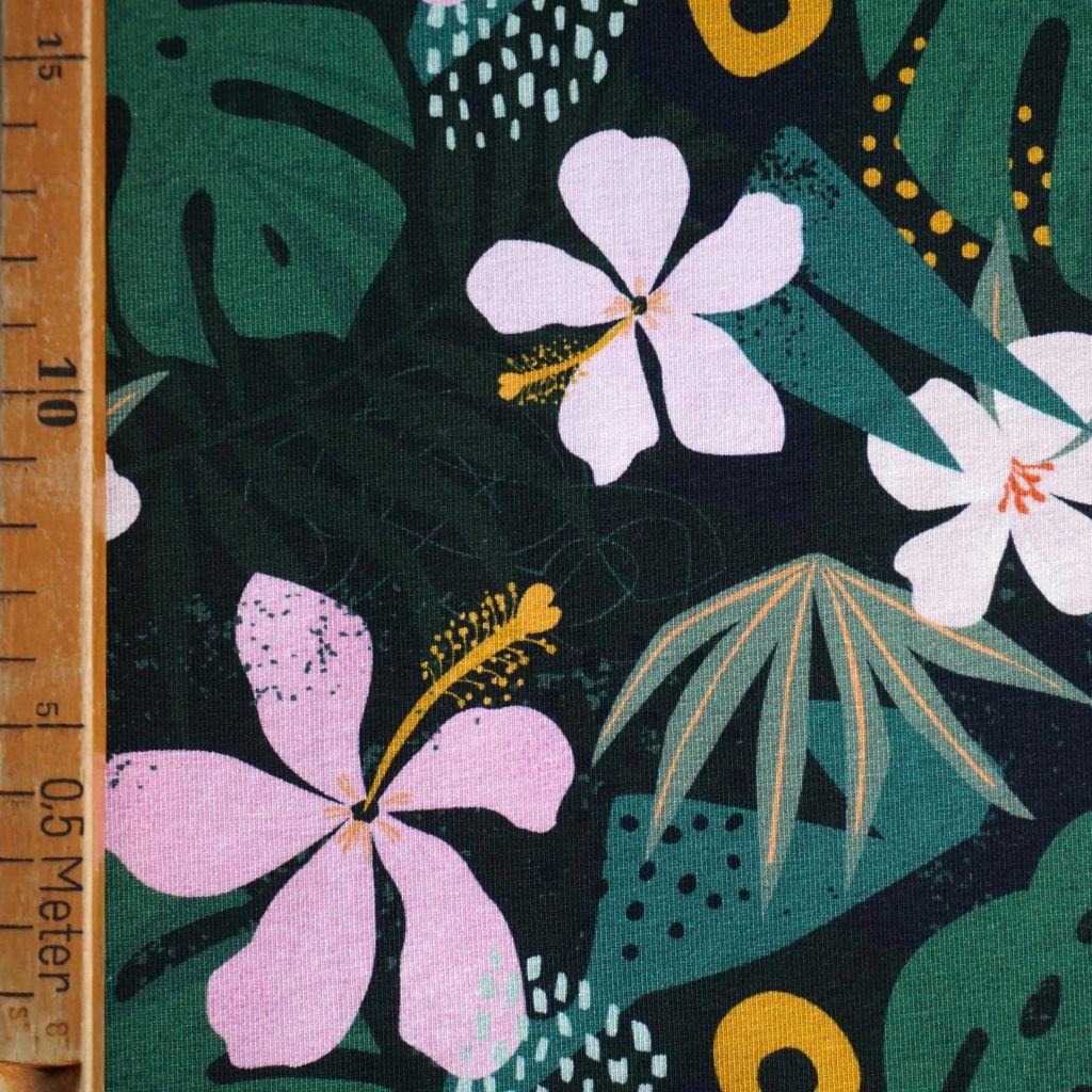 French Terry Blüten Monstera grün rosa